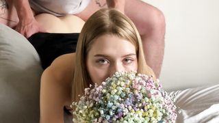 flowers hide blonde girl's